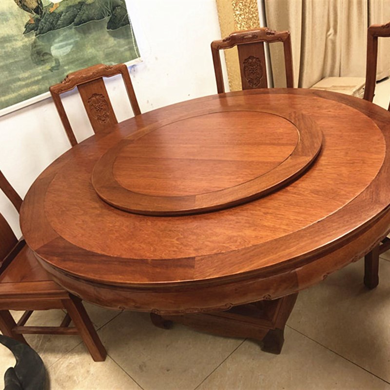 红木餐桌家具仿古圆台桌花梨木豪华雕花象头圆餐桌带转盘实木圆桌