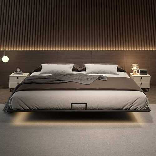 北欧白蜡木无床头悬浮床意式简约主卧现代轻奢带感应灯实木双人床