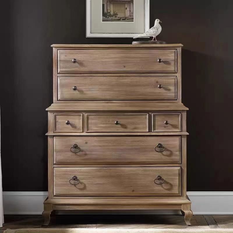 法式复古实木七斗柜多功能储物柜美式简约做旧卧室收纳柜靠墙柜子