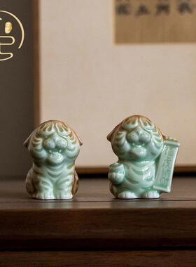 山朵原色釉茶宠摆件小老虎绿色渐变可养创意百搭家居陶瓷装饰清新