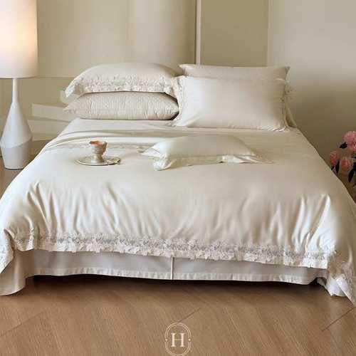 天丝棉花边四讲少女心公主风蕾丝蝴蝶床上用品被套床单粉色