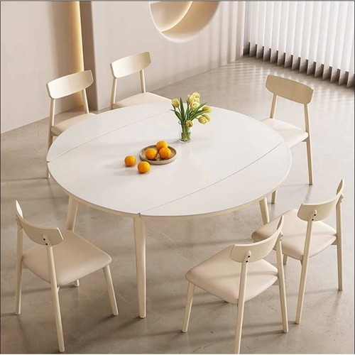 奶油风可伸缩折叠圆桌子现代简约家用小户型实木岩板餐桌椅组合