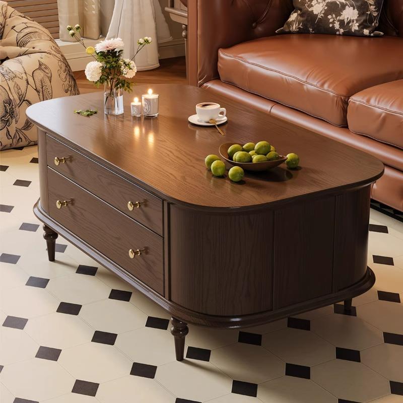 法式复古实木茶几客厅家用小型新款茶桌子椭圆形美式中古沙发边几