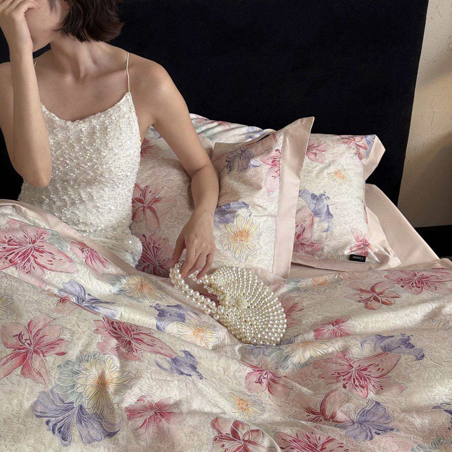 2025新款美式复古田园风花卉全棉100S长绒棉数码印花四件套贡缎