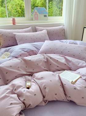 2025新款A类木棉皱皱纱印花四件套 1.2m床单款三件套 紫色蝴蝶结