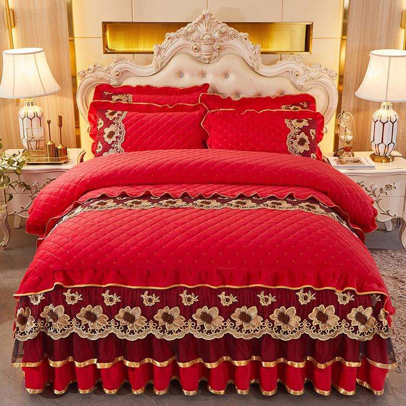 CB@水晶绒夹棉蕾丝四件套水晶绒蕾丝花边床裙式三四件套夹棉床罩