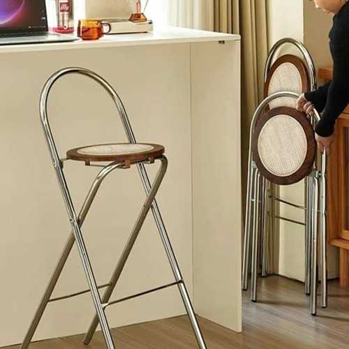 可折叠高脚凳家用餐椅可叠放小户型简约中古高椅藤编酒吧椅吧台椅