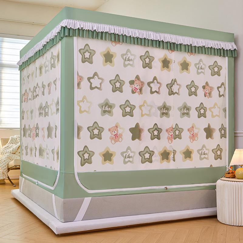 印花遮光帘坐床式蚊帐防尘顶三开门蚊帐加密无底拉链式宫廷蚊帐