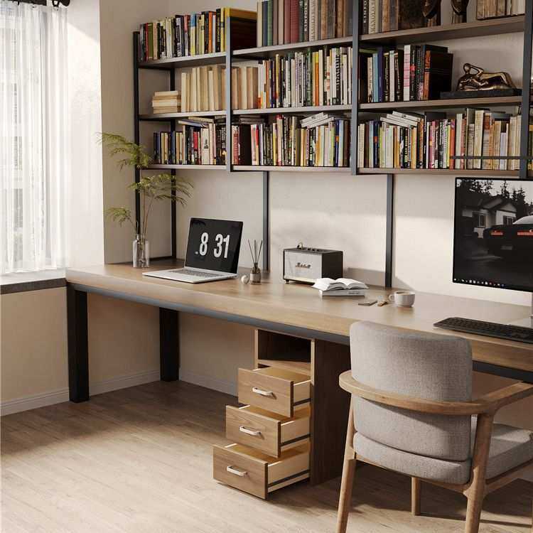 简约实木双人电脑桌长条桌家用靠墙书桌书架一体卧室写字桌工作台