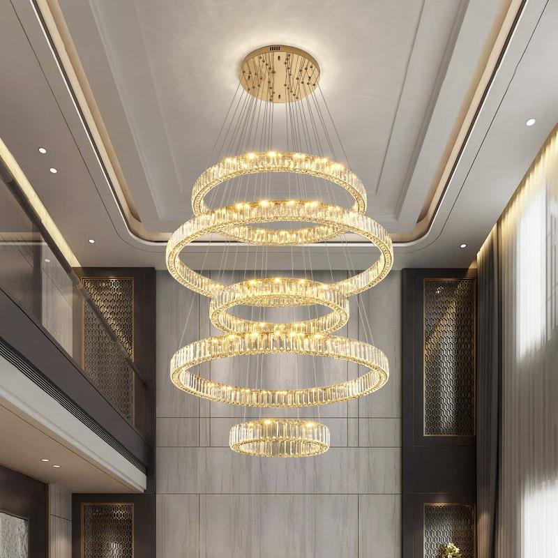 轻奢别墅复式楼大吊灯客厅灯2023年新款挑空水晶灯圆形楼梯长吊灯