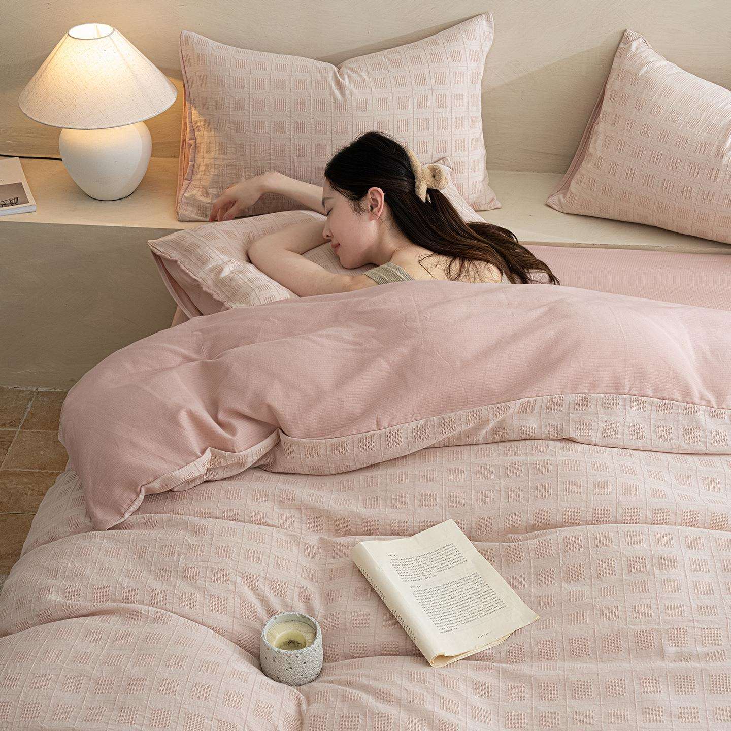 A类简约提花全棉纯棉四件套棉麻加厚秋冬季磨毛床单被套床上用品