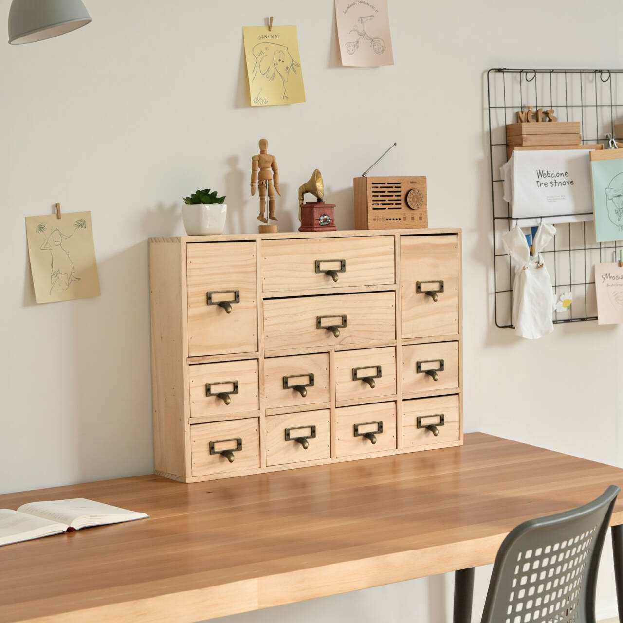 复古多格置物架桌面防尘收纳盒简约木质大容量抽屉柜化妆台收纳盒