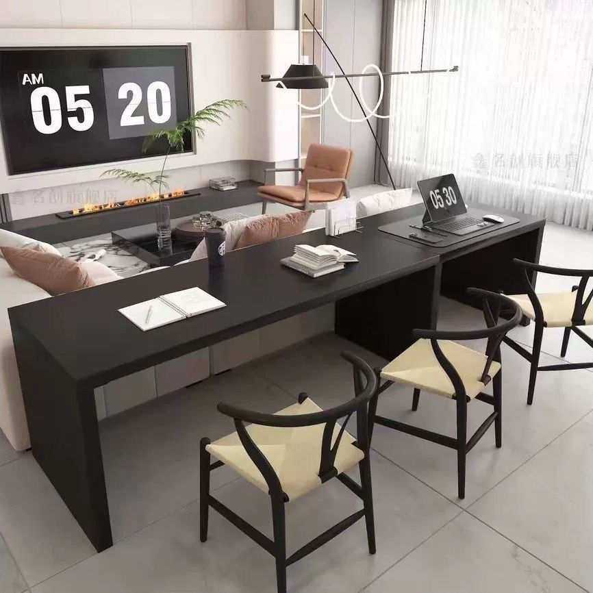 极简黑色客厅双人实木书桌家用超长沙发后靠长条桌学习写字工作台