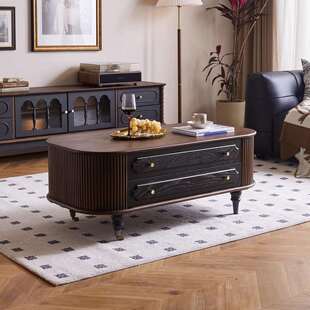 实木诺森茶几法式复古椭圆形中古茶桌长方形双色客厅家用茶几