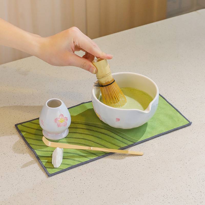 手绘重工日式抹茶茶具带斜倒嘴的碗搅拌器茶勺茶宪手工抹茶七件套
