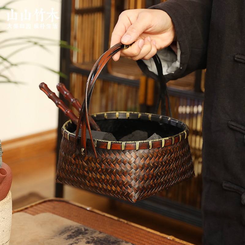 竹益堂手工竹编碳筐带提手木炭橄榄碳收纳篮碳钵家用茶室围炉煮茶