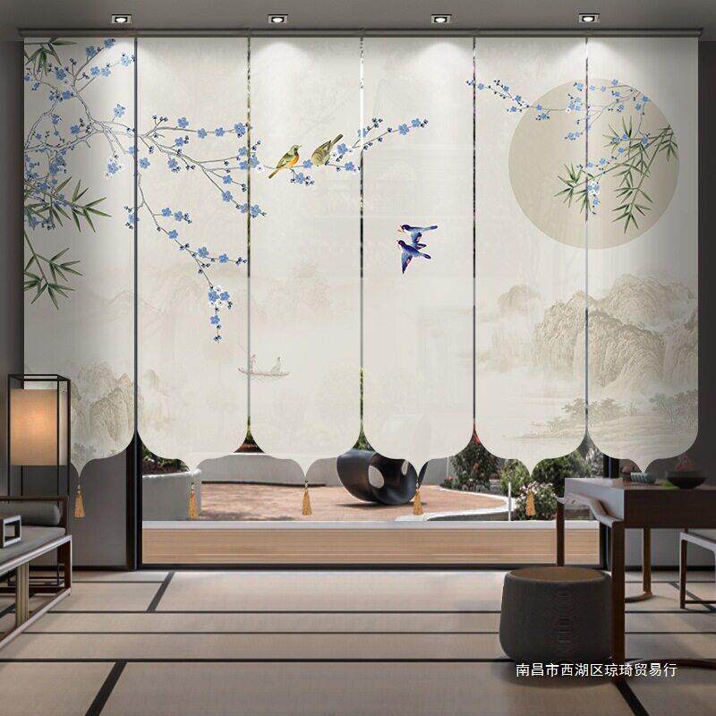 新中式卷国风禅意001公室山水画半透屏茶风软隔断电动纱帘室帘窗