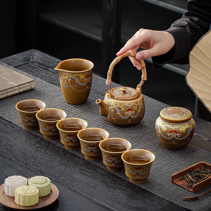 轻奢复古粗陶茶具套装陶瓷功夫盖碗提梁壶茶具办公会客家用泡茶器