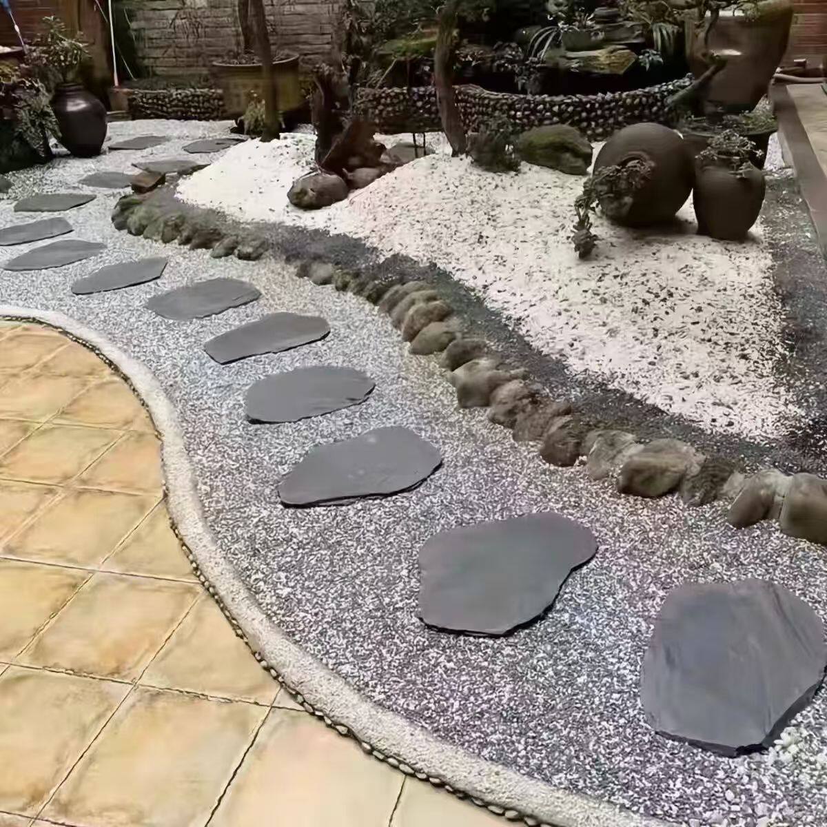 花园庭院仃步石鹅卵石切片铺路不规则青石板地砖园林草坪踏步石