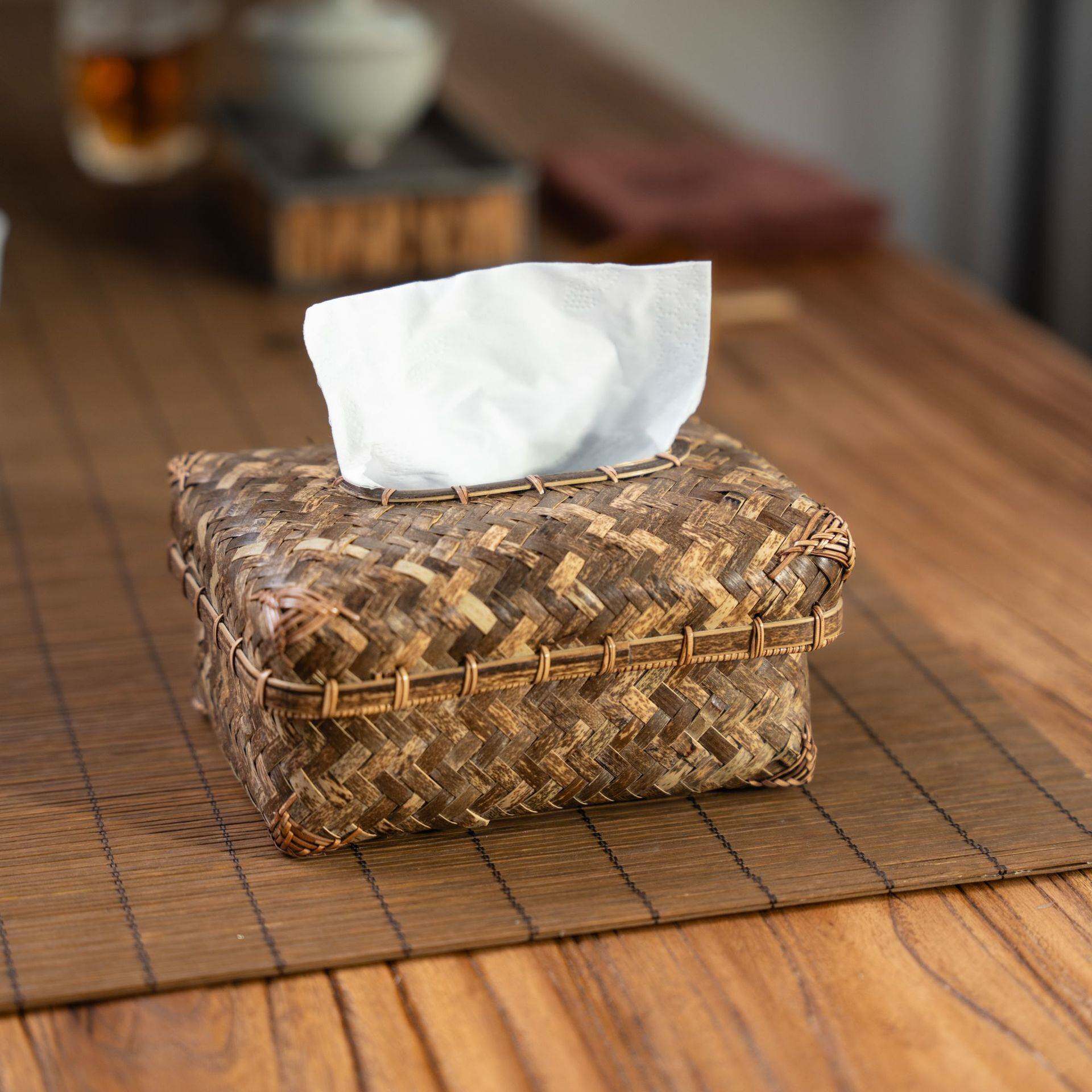 手工原色紫竹编纸巾盒 复古中式茶桌禅意摆件 竹制工艺品