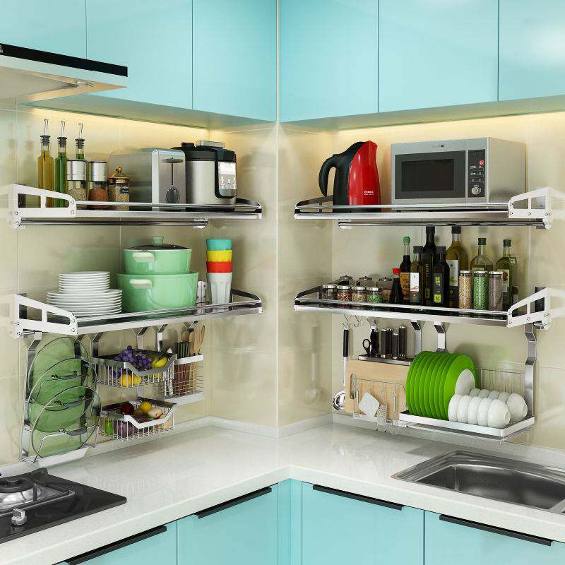 不锈钢家用厨房置物架壁挂带护栏收纳架放调料微波炉电烤箱上墙架