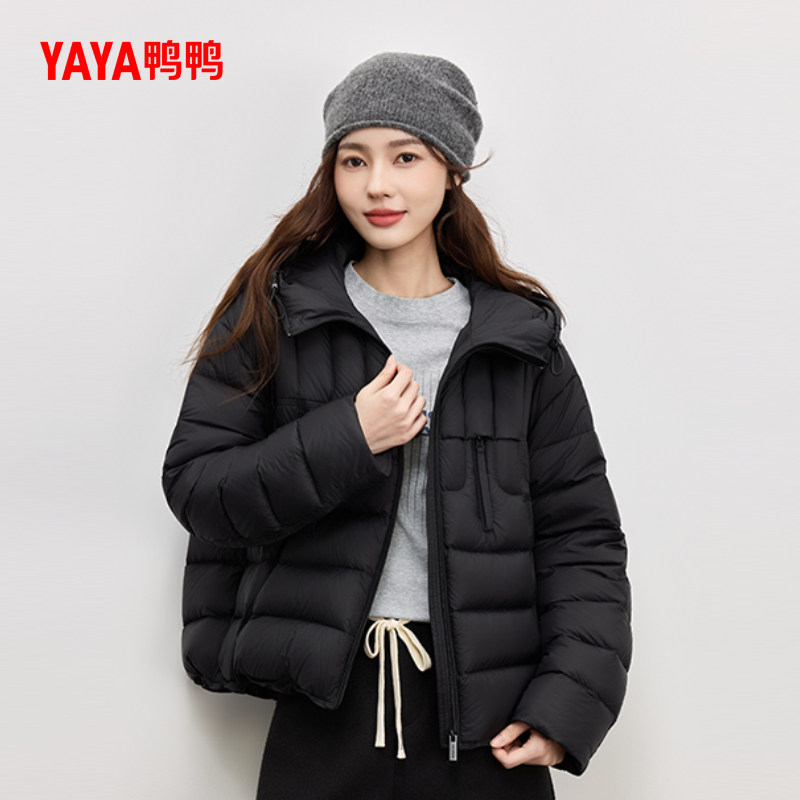 鸭鸭90绒秋冬季新款休闲简约保暖连帽短款女款羽绒服YE6B601155L