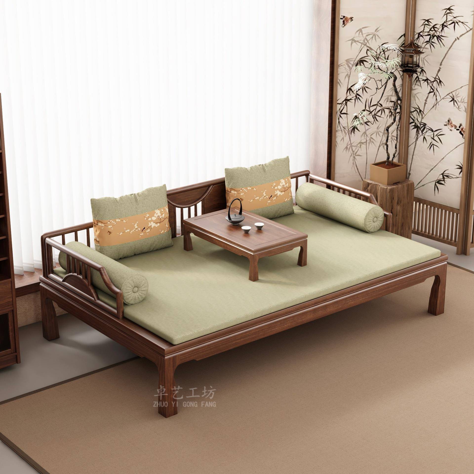 中式黑户胡桃木实木罗汉新约床推拉床榻小型客厅简伸缩两用沙FUF