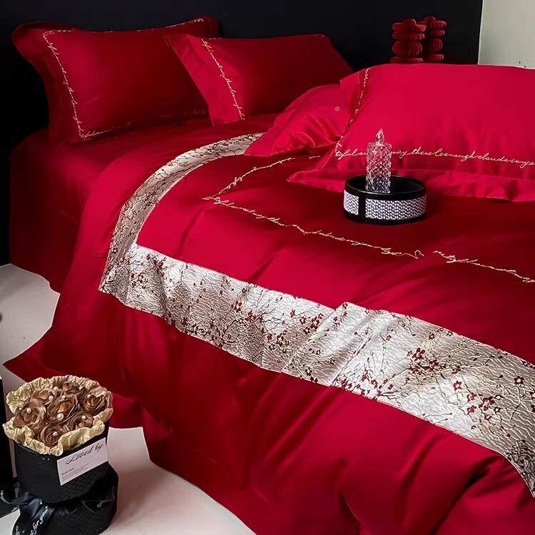 V5SO1婚庆红色100长绒棉纯F88JS9S棉四件套简约4床轻奢刺绣被套上
