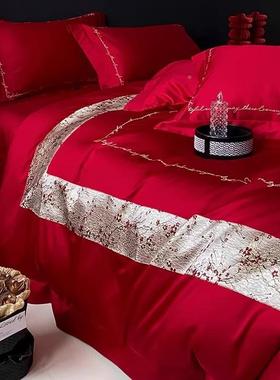 V5SO1婚庆红色100长绒棉纯F88JS9S棉四件套简约4床轻奢刺绣被套上