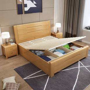 现代简约榉木全实木0026床箱1.m 5.8米小户型主卧双人床高储物1大
