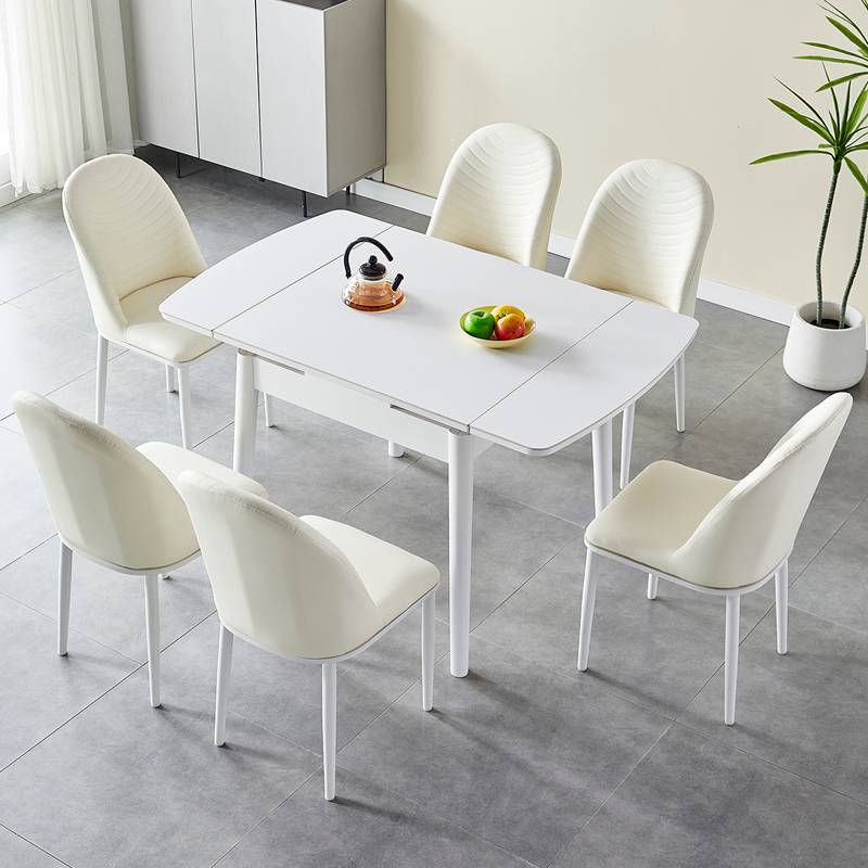 白色奶油风纯白岩板餐桌椅组合现代简约小户型家用折叠实木餐桌子