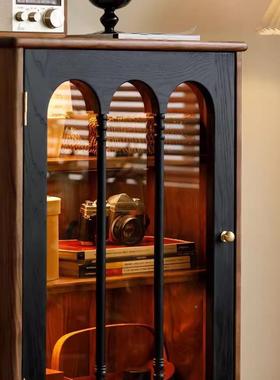 黑NMA胡桃木复古玻璃展示柜客厅边全实沙木发电视柜书柜小户型美