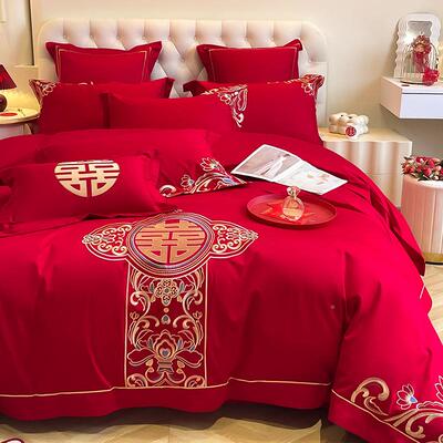 中式龙凤95zhi5刺绣大新红色婚床庆四件套婚嫁棉六件床单被套上陪