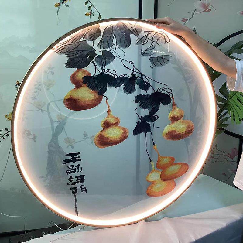 双面半明纱布刺绣苏绣实五屏风玄关隔断花格透画葫芦福禄木88-6福