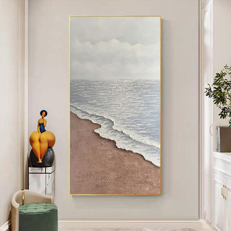 手绘海景油画入户玄关画抽象肌理画正对门走廊过道挂画竖版轻奢风