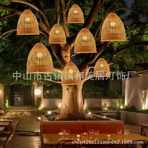 手工竹篮笼吊灯中式景区459装灯江南院文旅饰灯露营户外小防水挂
