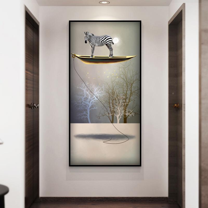 新中式入门玄关梦装画道饰画竖版以为马酒店走廊过挂AXL-130摆渡