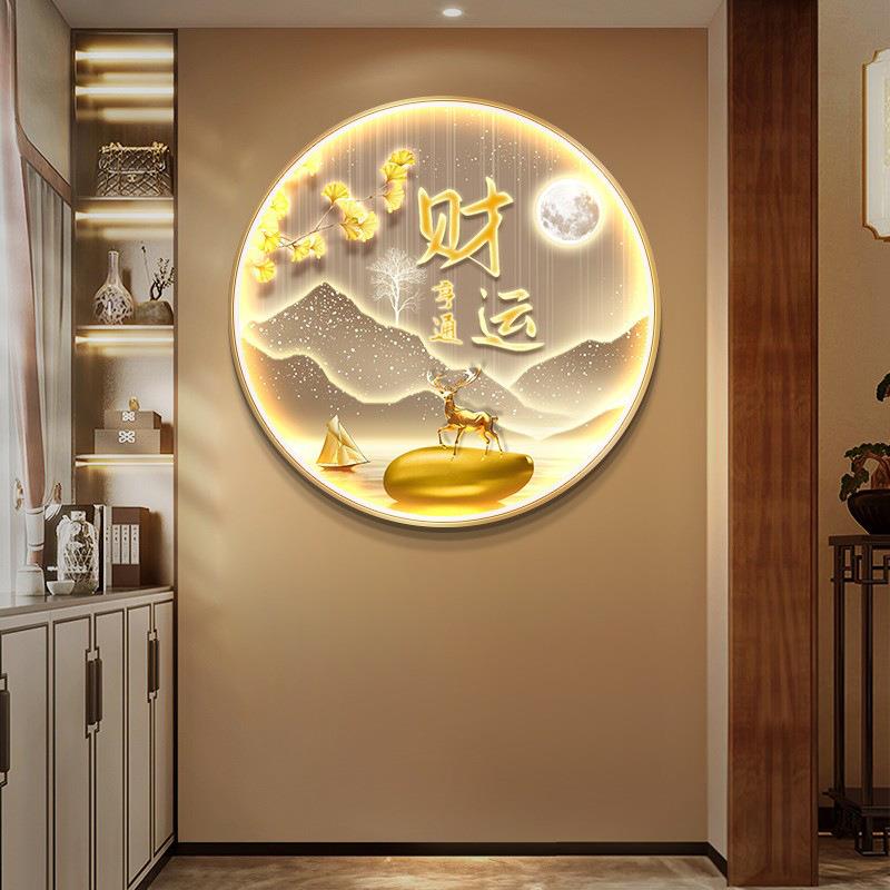 简约轻HF838775玄关装发饰画厅福鹿山水餐圆形光灯奢挂画客厅走廊