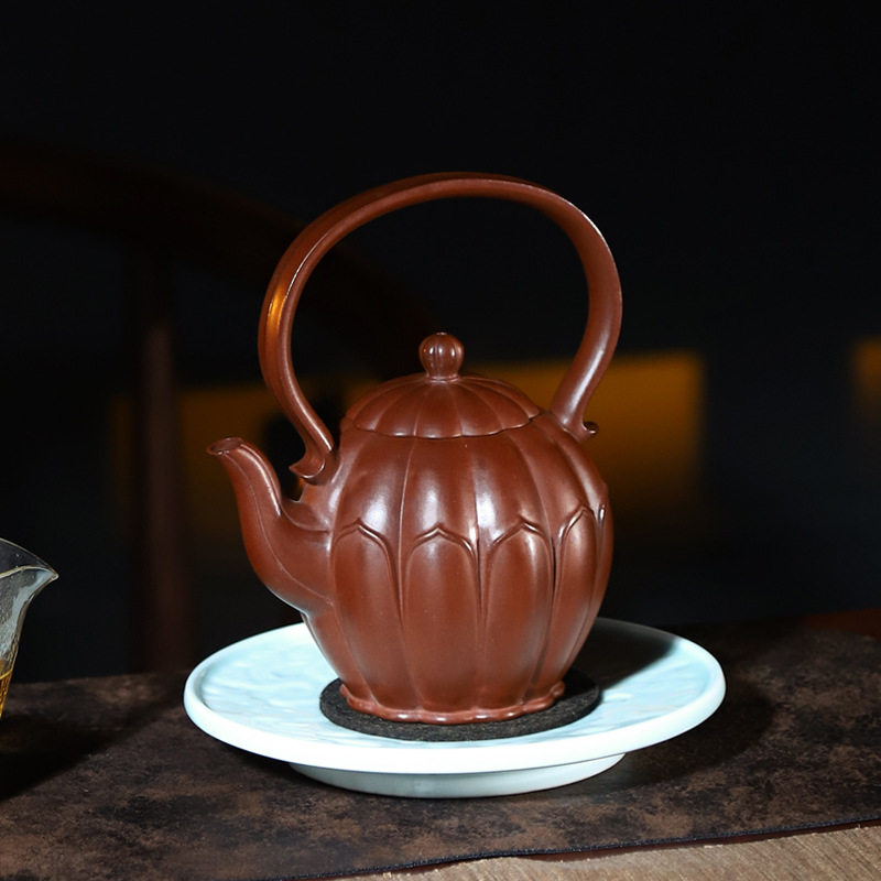 高端紫砂壶纯手工泡茶壶原矿宜兴赵庄小红泥筋纹莲花提梁壶500ml