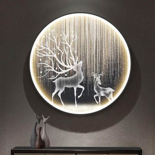 麋鹿圆形VSM装饰画带灯L墙ED发光轻关挂画入户走廊过道奢玄画壁灯