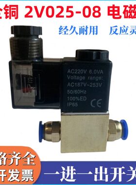 2V025-08全铜电磁阀气阀一进一出开关控制阀电磁阀220V 12V 24V