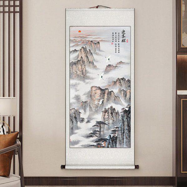 迎客松挂画卷轴山水画竖版新中式玄关装饰画正对门国画茶室壁画