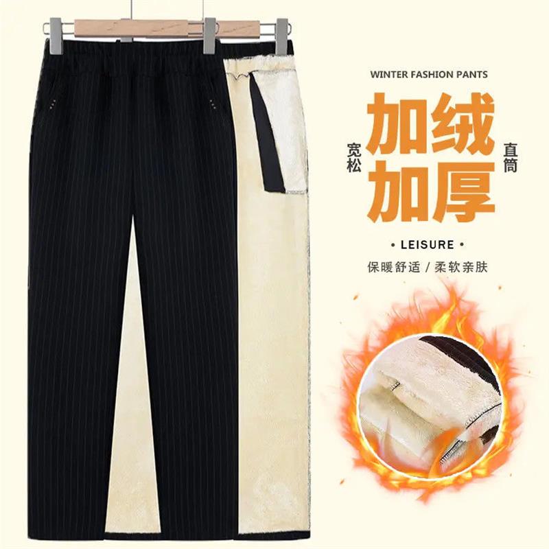 冬季加绒加厚妈妈裤子宽松休闲女裤大码中老年外穿直筒裤保暖棉裤