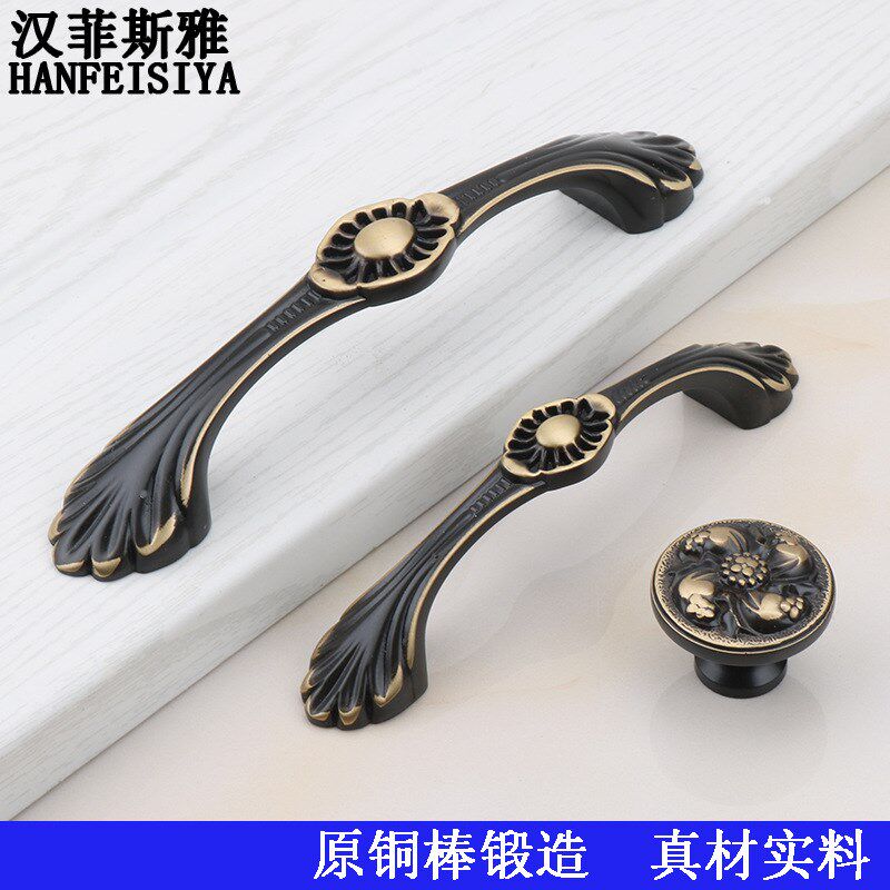 新款纯铜拉手欧式衣橱柜门把手单孔抽屉柜子全铜美式黑古铜小拉手