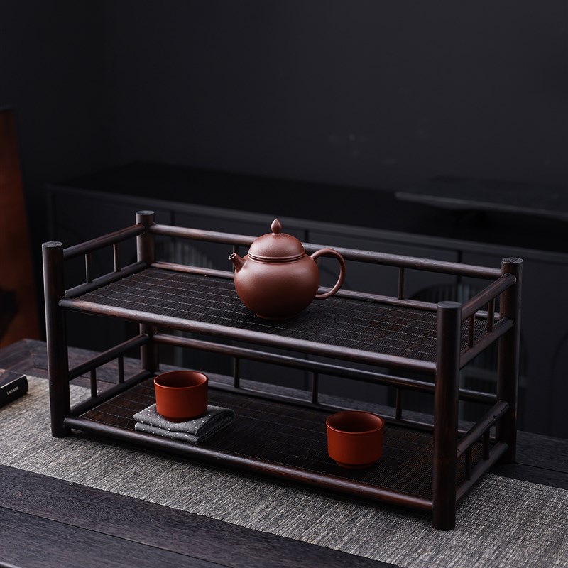 中式禅意b覆古竹制茶壶架双层茶棚竹茶托功夫茶具收纳架桌面博古
