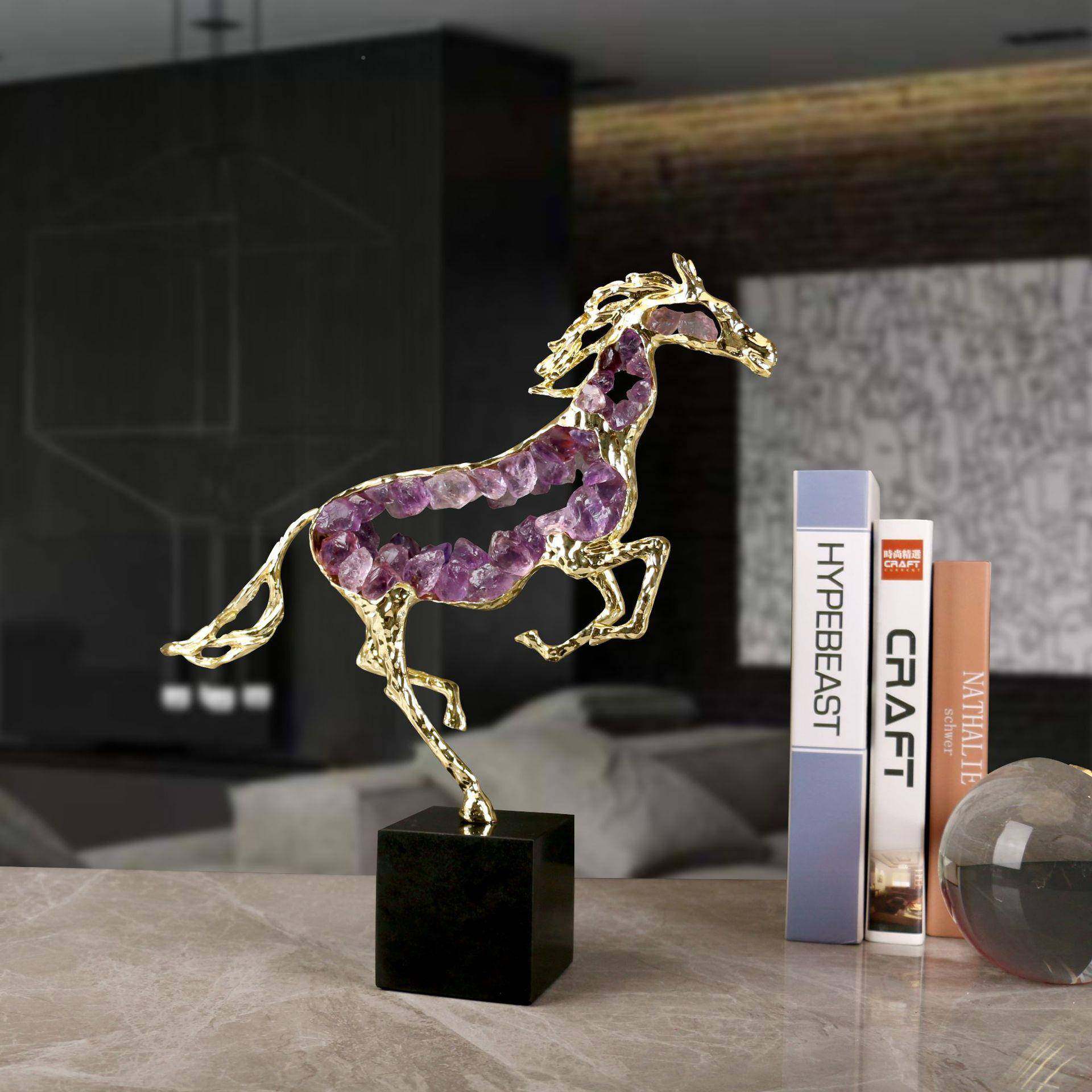 轻紫水晶骏马大理石底关座摆客厅玄桌件W0276/W0面创意装饰品奢工,家居饰品,装饰摆件,淘宝优惠券,粉丝福利购,淘宝优惠卷