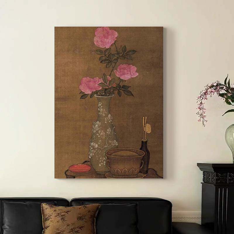 牡丹花开中古风客厅装饰画法式复古粉色花卉卧室床头挂画玄关壁画