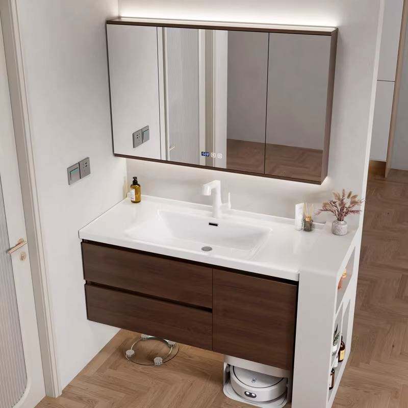 新中式古风陶瓷一体盆浴室柜扫地机器人折叠风水镜洗漱台胡桃木色