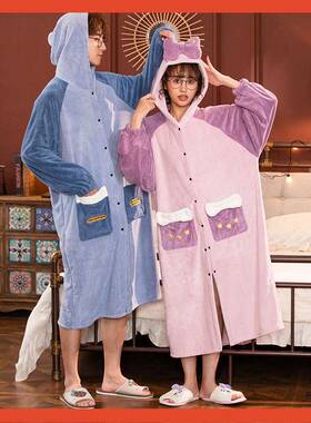 浴袍F766J655女吸水速睡干冬加厚男儿童穿可裹式浴巾可瑚绒情侣冬