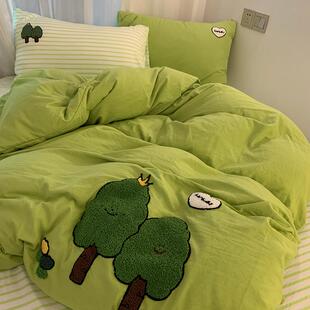 单财K1绿5色发树毛巾绣被套水洗棉床床笠宿舍hk6eDHs三件套四件套